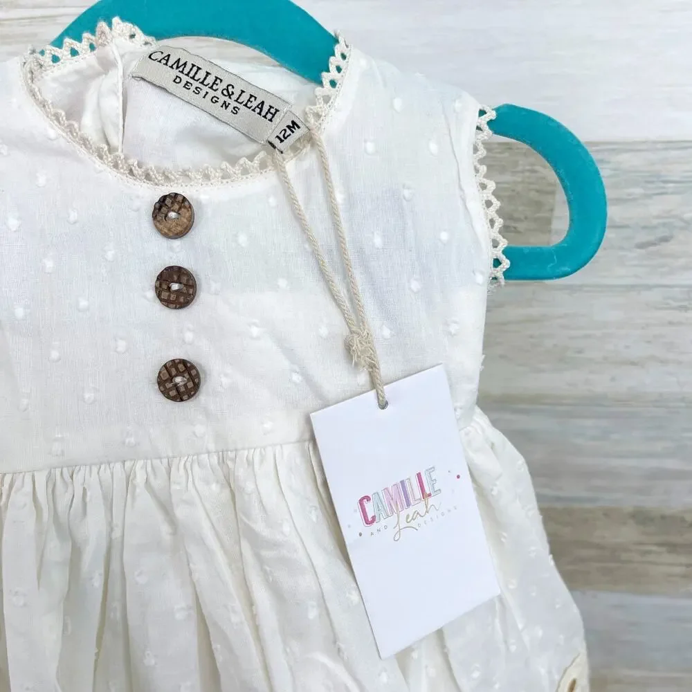 Camille & Leah Ribbon Lace 2 Piece Set Cream Dress Short Baby Girl 12M 12 Months